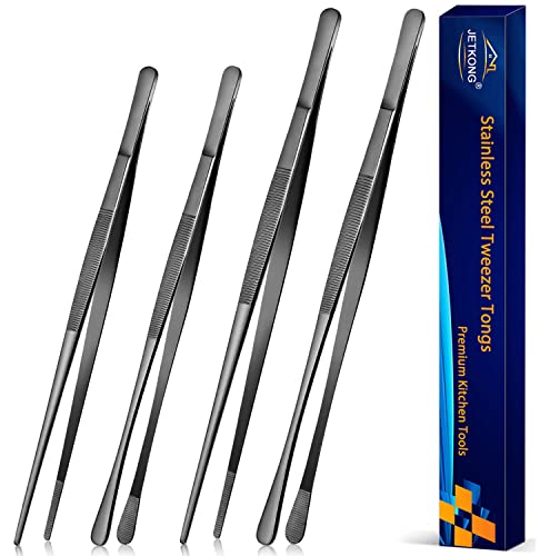JETKONG 4 Pcs Kitchen Tweezers Professional Stainless Steel Cooking Tweezers Set, Black Kitchen Food Tweezer Tongs for Cooking, Repairing, and BBQ (10+12-Inch, Black) - color: Black, size: 10+12inch-4PCS