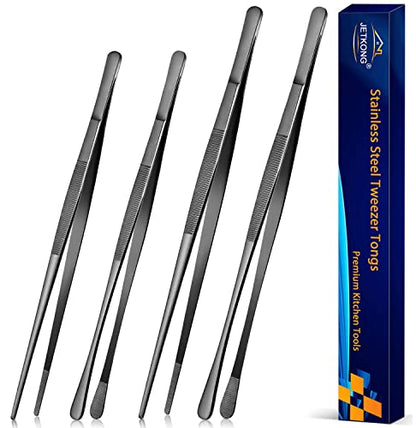 JETKONG 4 Pcs Kitchen Tweezers Professional Stainless Steel Cooking Tweezers Set, Black Kitchen Food Tweezer Tongs for Cooking, Repairing, and BBQ (10+12-Inch, Black) - color: Black, size: 10+12inch-4PCS