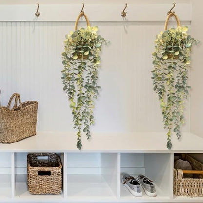 Fake Hanging Plant Decor Indoor, Eucalyptus Artificial Faux Plants in Wall Woven Planters, Jute Hanger with Black Pot Soft Green 2PCS 23Inch Long - size: Jute Hanger-2PCS