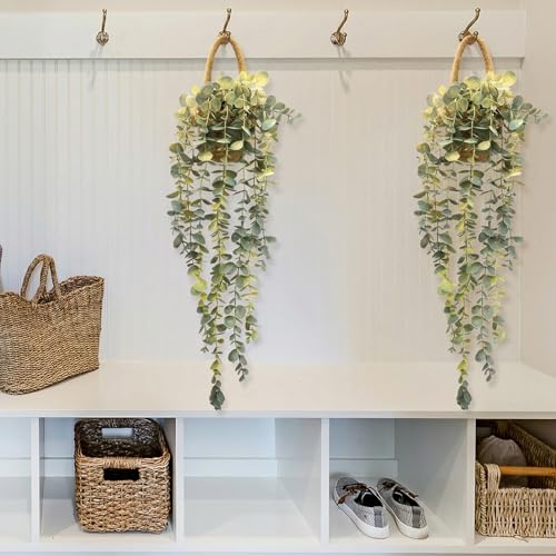 Fake Hanging Plant Decor Indoor, Eucalyptus Artificial Faux Plants in Wall Woven Planters, Jute Hanger with Black Pot Soft Green 1PCS 23Inch Long - size: Jute Hanger-1PCS