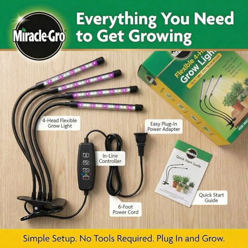 Miracle-Gro LED Grow Light for Indoor Plants 4-Head | Selectable Spectrum Clip On Plant Light with Timer & Dimmable Modes | Flexible Gooseneck Lamp for Seed Starting, Succulents, Herbs & House Plants