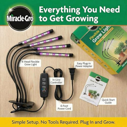 Miracle-Gro LED Grow Light for Indoor Plants 4-Head | Selectable Spectrum Clip On Plant Light with Timer & Dimmable Modes | Flexible Gooseneck Lamp for Seed Starting, Succulents, Herbs & House Plants