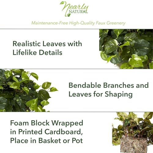 Nearly Natural 15in. Pothos Ledge Plant (Set on Foam) Silk Plant,Green