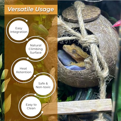 Hermit Crab, Hamster Coconut Cave Hide with Ladder, Reptile & Snake Natural Coco Shell Hut Hideout, Gerbils Mice Small Animals House Pet Cage Habitat Decor, with Sticky Wall Hook - style: Large