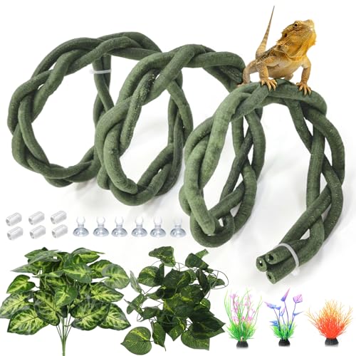 Reptile Vines,Flexible Reptile Climbing Jungle Vine Branch with Suction Cups,Bearded Dragon Terrarium Vines Leaves Plants Decor Tank Accessories for Chameleon Snake Gecko Lizard - color: Green