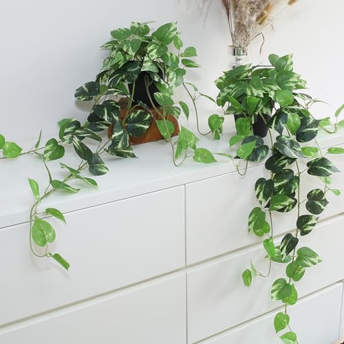 Fake Pothos Hanging Plants - 33" Set of 2 Artificial Silk Ivy Vines with Pots, Realistic Faux Greenery for Indoor Home Office Bathroom Decor, Low Maintenance Hanging Plant Decoration - Golden Green - color: Golden Green