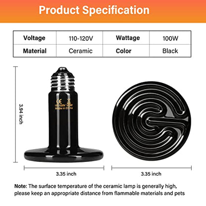 HealSmart Reptile Heat Lamp 100W 4-Pack Ceramic Heat Emitter, No Light Emitting Infrared Heat Bulbs for Amphibian Pet Brooder Coop Incubating Chicken, Lizard Bearded Dragon Turtle Snake Terrarium - size: 100 Watts (Pack of 2), style: D-85mm (3.35") *2 Pcs