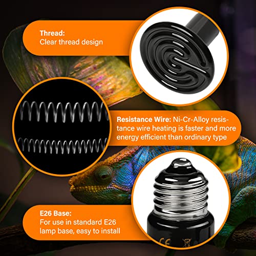 HealSmart Reptile Heat Lamp 100W 4-Pack Ceramic Heat Emitter, No Light Emitting Infrared Heat Bulbs for Amphibian Pet Brooder Coop Incubating Chicken, Lizard Bearded Dragon Turtle Snake Terrarium - size: 100 Watts (Pack of 2), style: D-85mm (3.35") *2 Pcs