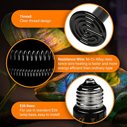 HealSmart Reptile Heat Lamp 100W 4-Pack Ceramic Heat Emitter, No Light Emitting Infrared Heat Bulbs for Amphibian Pet Brooder Coop Incubating Chicken, Lizard Bearded Dragon Turtle Snake Terrarium - size: 100 Watts (Pack of 2), style: D-85mm (3.35") *2 Pcs