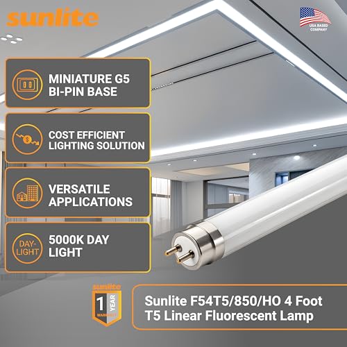 Sunlite F54T5/850/HO 4 Foot T5 Linear Fluorescent Lamp, 54 Watts, 5000 Lumens, 5000K Daylight, Miniature G5 Bi-Pin Base, ROHS Compliant, High Performance Straight Tube, 40 Pack - color: 5000k, style: 54 watts (45.80-Inch)