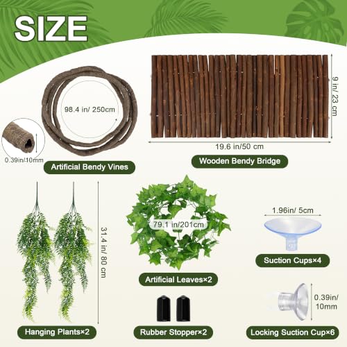 23''×20'' Reptile Hide Bearded Dragon Tank Accessories Bridge Hideout&Vine | Large Climbing Wooden Bridge Hideout & Hanging Plant Vines Artificial Leaves for Snake Lizard Tortoise Leopard Gecko