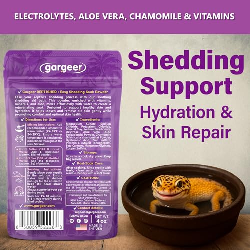 Gargeer 'ReptiShed' Shedding Aid Soak Powder for Reptiles | Stuck Shed Remover for Dragons, Geckos, Lizards, Snakes | Aloe, Chamomile, Hyaluronic Acid | Bath Supplement | Made in the USA. Enjoy!