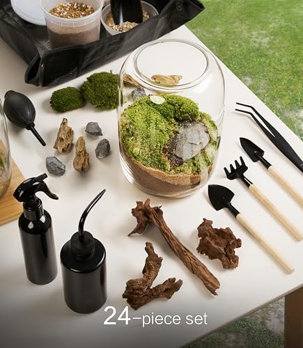 Terrarium Kit with Grow Light – 24-Piece DIY Glass Terrarium Set with Tools, Moss, Driftwood, Soil & Pebbles – Mini Gardening Kit for Air Plants, Succulents & Indoor Desk Decoration Gift - size: Round Set