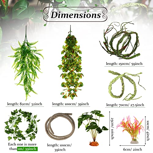 9 Pieces Reptile Jungle Vines Decor Set Include Bendable Flexible Climbing Plastic Plants with Suction Cups Tank Accessories Habitat Decor for Gecko, Snake, Hermit Crab