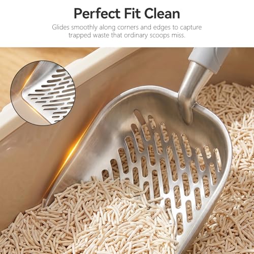 Cat Litter Scoop, Kitty Metal Scooper, Heavy Duty Aluminum Deep Sifter with Long Handle, Rustproof Durable Kitten Poop Shovel for Travel & Small Litter Box - color: Gray, size: Medium