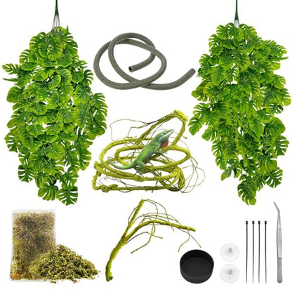 Reptile Plants 10 Pcs Terrarium Hanging Plant Vines Jungle Climbing Vines Tank Accessories Decorations with Suction Cups for Bearded Dragon Lizard Snake Geckos Chameleon