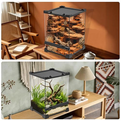 Reptile Terrarium 10"x10"x14", Full Glass Tank Enclosure for Small Reptiles, Geckos, Frogs, Lizards, Snakes, Spiders, Turtles, Vertical Rainforest Habitat - size: 10" x 10" x 14"