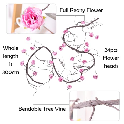 1PCS 300cm/118inch Large Flexible Artificial Tree Fall Vines Twine Wood Branches with Peony Flowers Garland Twig Reptile Climbing Fake Plants for Wedding Arch Christmas Wall Door Hanging Decoration