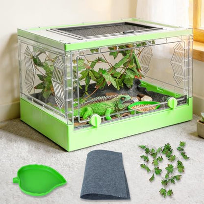 Travel Foldable Reptile Terrarium with Sliding Door Portable Spider Enclosure, Lizard Cage, Plastic Habitat for Tarantula, Tree Frog, Leopard Gecko, Snake, Ventilated Terrarium Starter Kit Green - color: Green