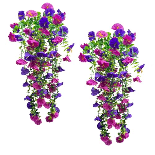 Garland Hanging Vines 4 PC Artificial Morning Glory Hanging Faux Plants Realistic Home Office Decoration Indoor Outdoor (Purple+Fuchisa) - color: Purple+fuchisa