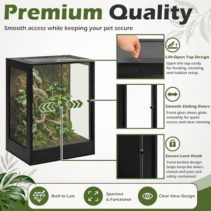 PROLEE 24" x 18" x 36" Tall Reptile Terrarium, 65 Gallon Glass Chameleon Cage, Vertical Crested Gecko Tank with Ventilated Mesh Top, Front Opening Rainforest Habitat, Black - color: Black, size: 24" L x 18" W x 36" H, 65 Gallon