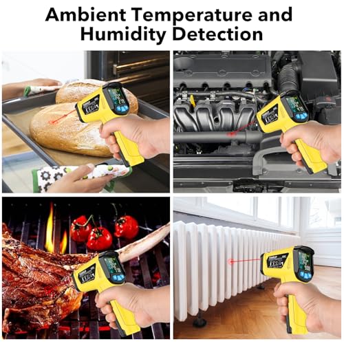 Infrared Thermometer Gun, TEMIRUP Non Contact Digital IR Laser Thermometer Temperature Gun with Probe for Cooking, Pizza Oven, Griddle, Humidity Measurement, Adjustable Emissivity -58°F to 1472°F - color: Yellow -58°F~1472°F (-50°C to~800°C)