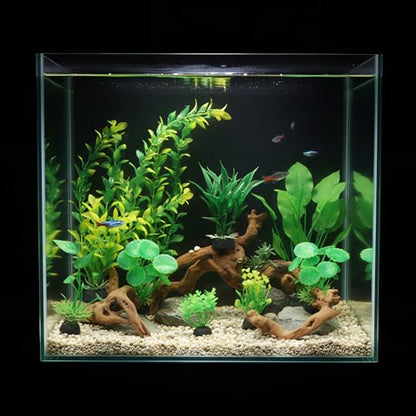 16 Pcs Aquarium Decor Fish Tank Decorations Include 6 Small Natural Coral Driftwood Spiderwood and 10 Green Plastic Plants for Reptile Terrarium Accessories Goldfish Tank Decor