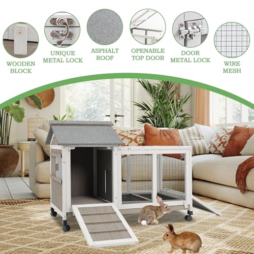 Gowoodhut 76.38"L Rabbit Hutch Indoor and Outdoor with 8 Wheels,Wooden Rabbit Cage with Pull Out Leak-Proof Tray for 2-4 Rabbits,Bunny Hutch with Asphalt Roof Suitable for Garden,Park,Living Room,Grey - size: PET30-DOUBLE