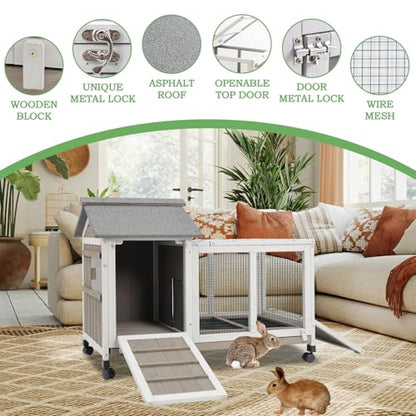 Gowoodhut 76.38"L Rabbit Hutch Indoor and Outdoor with 8 Wheels,Wooden Rabbit Cage with Pull Out Leak-Proof Tray for 2-4 Rabbits,Bunny Hutch with Asphalt Roof Suitable for Garden,Park,Living Room,Grey - size: PET30-DOUBLE