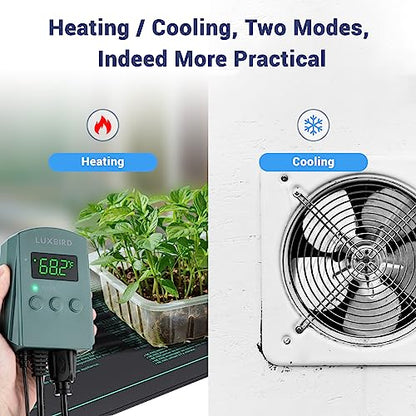 LUXBIRD Digital Heat Mat Thermostat Controller Heating Cooling 10A 1200W for Seedling, Reptiles and Brewing, Breeding, Incubation, Greenhouse, Fans, Cooling Device, 32~113℉ FCC-Certified