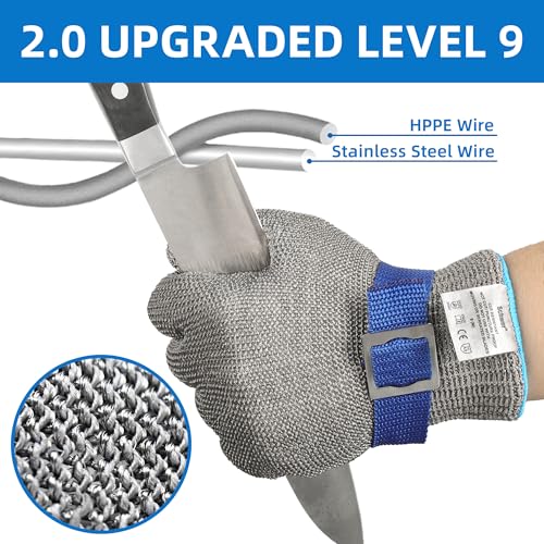 Schwer ANSI A9 Cut Resistant Glove, Food Grade Stainless Steel wire Mesh Metal Gloves, Knife Cutting Gloves for kitchen Mandoline Slicing Butcher Meat Cutting Oyster Shucking Fish Fillet（M, 1 PCS） - size: Medium (Pack of 1), style: 2.0 Steel Wire+hppe