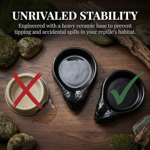 Resin Reptile Water Dish for Gecko, Snake, Tortoise & Lizards（Black） | Heavy Stable Base • Natural Rock Design • Water & Food Use • Easy to Clean - color: black