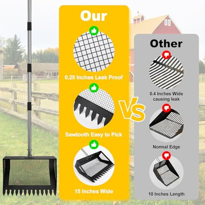 15inch Extra Large Chicken Poop Scooper,Adjustable Chicken Coop Scooper for Poop，Stainless Steel Chicken Poop Scooper Rake with 24 to 68" Handle,Litter Scooper Sifting Shovel Chicken Coop - color: Black