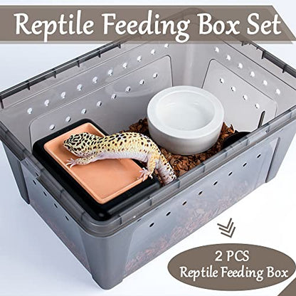 Hamiledyi 2PCS Reptile Feeding Box Snake Breeding Box Transparent Animal Habitat Cage and 4 Pcs Humid Hide for Leopard Gecko Moist Reptile Hide Box for Young Lizard Shedding