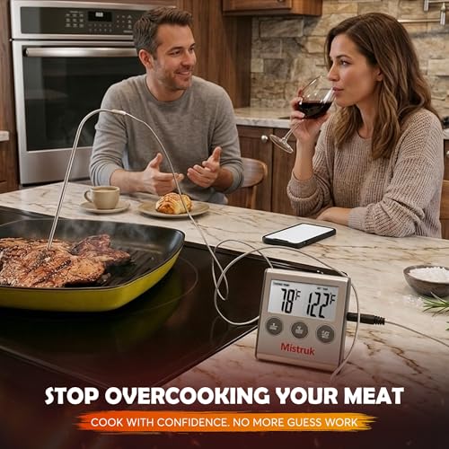 Digital Thermometer for Cooking with Stainless Steel Probe & Timer Alert – Accurate Temperature Control for Grill, Oven & BBQ – Digital Meat Thermometer Instant Read