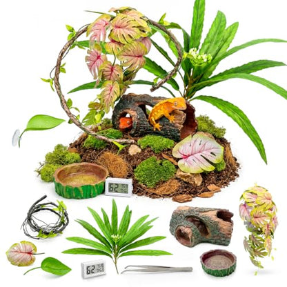 Crested Gecko Tank Accessories Kit，Tree Trunk Hideout, Artificial Plants | Feeding Bowl, Jungle Vines , Resting Leaves Platform , hygrometer thermometer , for Leopard Gecko, Frogs, Hermit Crabs