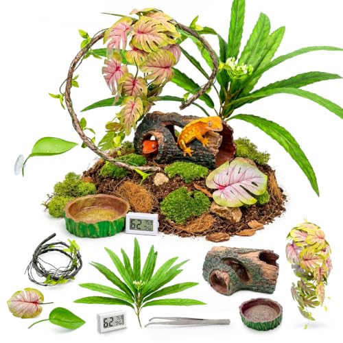 Crested Gecko Tank Accessories Kit，Tree Trunk Hideout, Artificial Plants | Feeding Bowl, Jungle Vines , Resting Leaves Platform , hygrometer thermometer , for Leopard Gecko, Frogs, Hermit Crabs