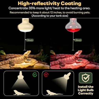 Reptile Heat Lamp Bulbs, 2 Pack 75W Reptile Heat Bulbs UVA Daylight Basking Bulb and Infrared Heat Lamp Red Night Light Bulb Combo for Bearded Dragon Chameleon Turtle Snake Gecko Lizard Chicken Tank - color: White & Red, size: Day & Night-75