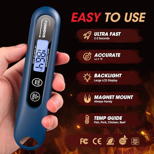 Digital Meat Thermometer - 2S Instant Read Food Thermometer with Backlight, Foldable Probe for Turkey BBQ Grill Smoker Candy, Essential Kitchen Cooking Gadget (Blue) - color: Navy Blue