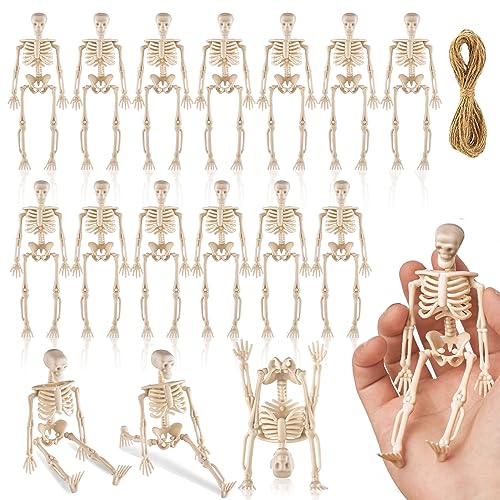 16 Pcs Halloween Mini Skeleton Figurine Decoration,6”Halloween posable Skeleton Decor,Small Plastic Skeleton Figure for Spooky Home Decor Haunted House Decorations Party Favors - color: White-16pcs