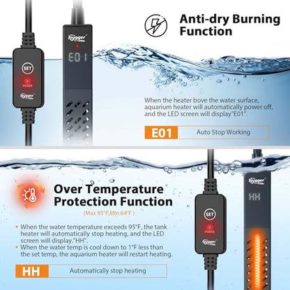 hygger Upgrade Ceramic Aquarium Heater, 300W Digital Fish Tank Heater with Automatic Power-Off and Over-Temperature Protection, Energy Saving Submersible Aquarium Heater for Freshwater and Saltwater - size: 300W