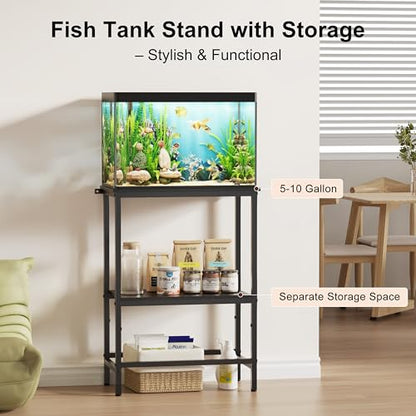 5-10 Gallon Fish Tank Stand, Aquarium Stand with 2-Tier Storage Shelves, Heavy-Duty Reptile Terrarium Stand Table with One-Piece Top for 10 Gallon Standard Model, 21.2" L x 11.8" W x 29.3" H (Black) - size: 10 Gallon