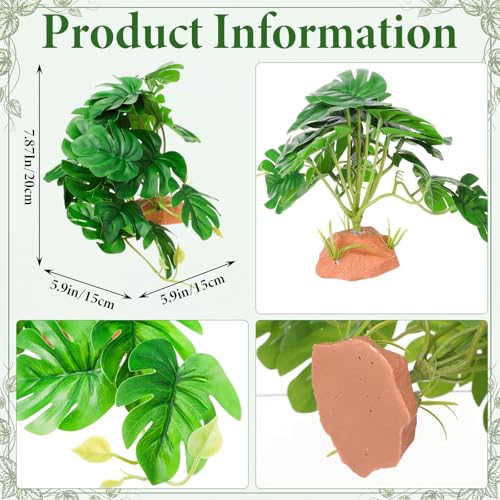Suncalla 4 Pack Reptile Plants for Terrarium Decor, Snake Tank Accessories, Amphibian Habitat Decor, and Artificial Plants with Base for Bearded Dragon, Gecko, Lizard, Chameleon(Monstera Deliciosa) - style: Monstera Deliciosa