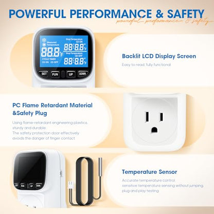 Plug in Thermostat Temperature Controlled, Heavy Duty 15A/1800W Thermostat Outlet Plug with LCD Display,-40°F~210°F Range & 0.1°F Accuracy for Aquarium Greenhouse Incubator
