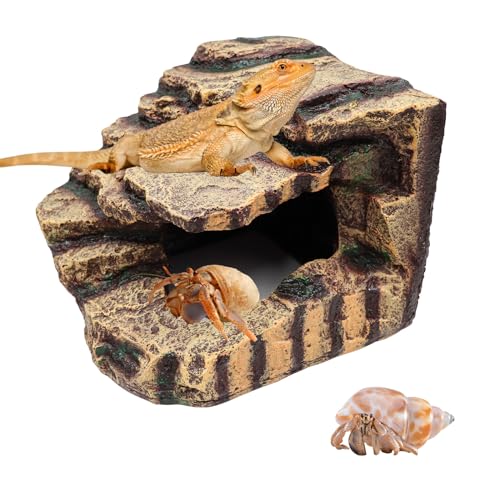 Oooct Hermit Crab Hideout, Resin Simulation Stone Reptile Cave Hideout, Hermit Crab Climbing Toys, Terrarium Habitat Decor for Lizard Spider Aquarium Fish Gecko Bearded Dragon - size: Large-7.1x6.9x6 Inch