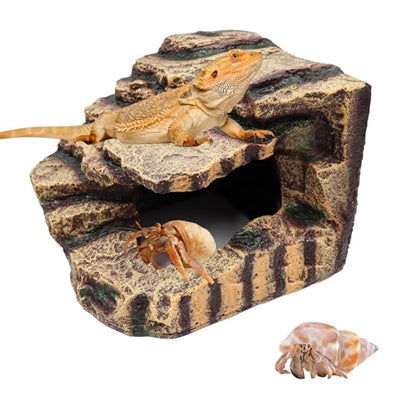 Oooct Hermit Crab Hideout, Resin Simulation Stone Reptile Cave Hideout, Hermit Crab Climbing Toys, Terrarium Habitat Decor for Lizard Spider Aquarium Fish Gecko Bearded Dragon - size: Large-7.1x6.9x6 Inch