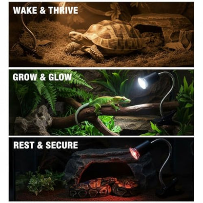 Black Reptile Heat Lamp, 13.8 in Flexible Gooseneck, Timed Dimming Switch, US Connector, Sturdy Plastic Clip, for Lizards, Tortoises, Other Terrarium Animals