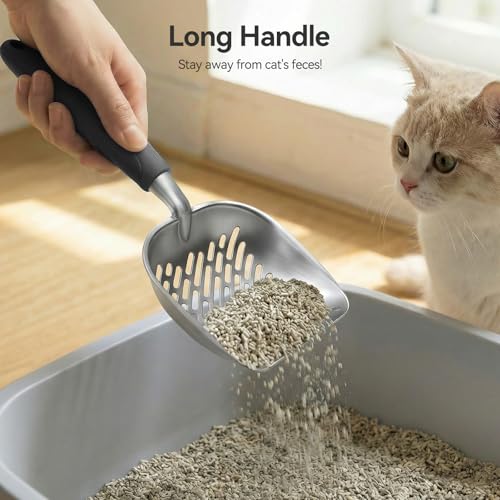 Cat Litter Scoop, Large Long Handle Kitty Metal Scooper, Heavy Duty Aluminum Deep Sifter, Ergonomic Non-Slip Grip, Rustproof Durable Poop Cleaner for Cat Litter Box - color: Black, size: Large