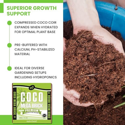 Nutrifield Coco Mega Brick 5kg | Compressed Coconut Coir Block Expands to 55L | Premium Quality Hydroponic Growing Medium, Pre-Buffered, Low EC Substrate for Indoor Outdoor Plants