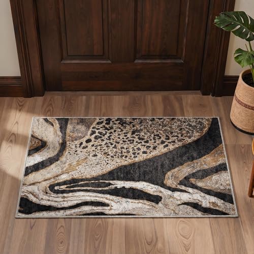 Bavni 2x3 Doormat, Liquid Marble Machine Washable,Soft Animal Small Boho Rugs Non Slip Low Pile Non-Shedding Throw Indoor Print Woodland Jungle Carpet for Entryway Front Door Bathroom, Black Gold - color: Black Gold, size: 2'x3'
